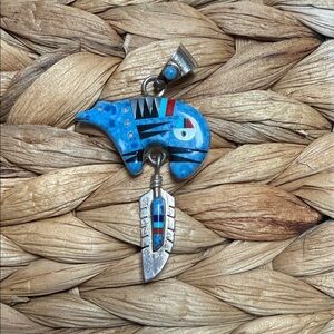 Southwest Sterling Silver Blue Bear Feather Pendant